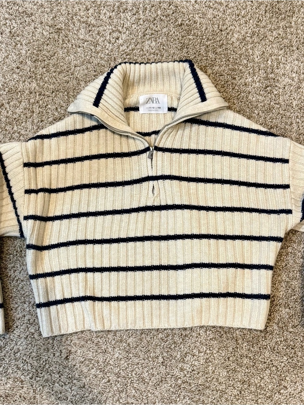 Zara Cream Ribbed Half-Zip Sweater with Black Stripes Girls 11-12
